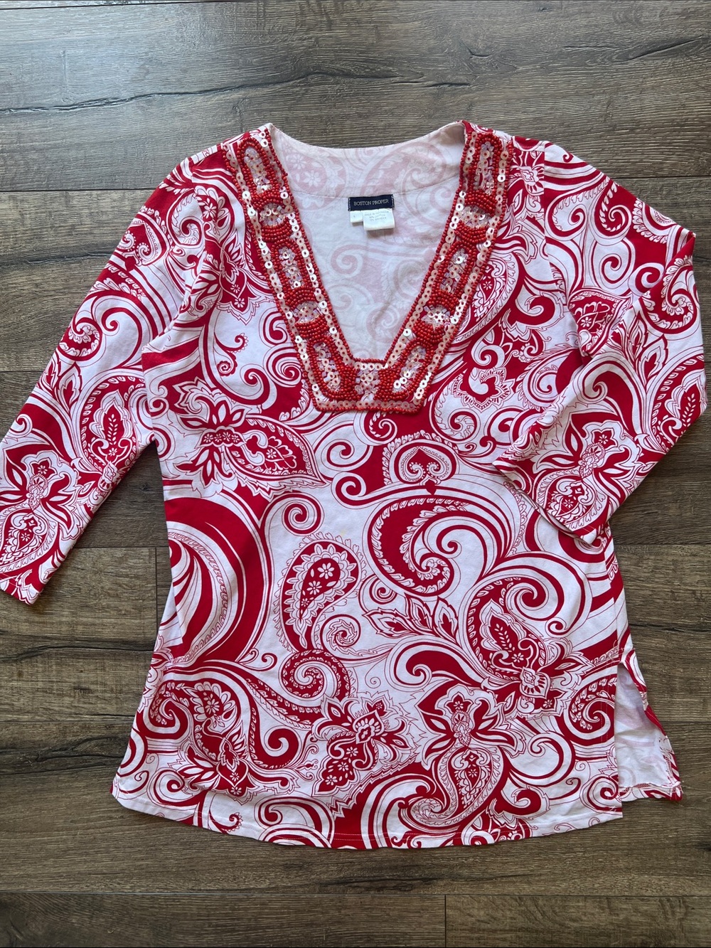 Boston Proper Red/White accented Sequined/Beaded Top